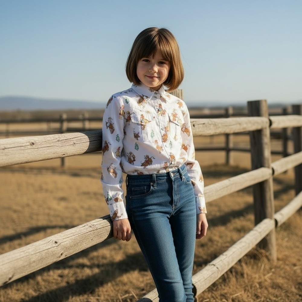 Wrangler Girls Western Rodeo Pearl Snap Shirt Cowgirl Ruffles Back to‎ School XS